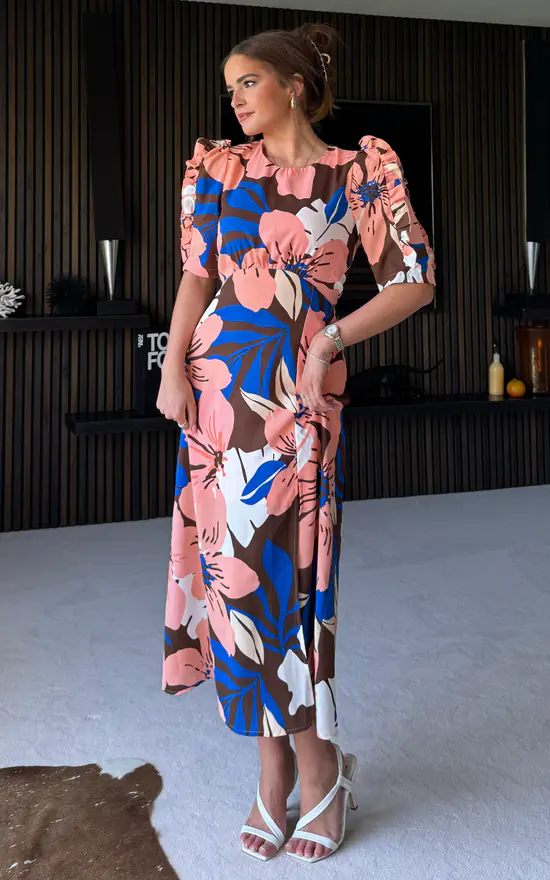 Samira Brown Peach Floral Frill Sleeve Midi Dress Girl In Mind
