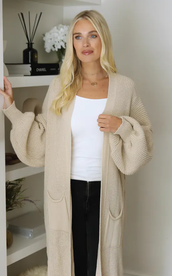 Ladies Stone Balloon Sleeve Oversized Drape Chunky Knitte