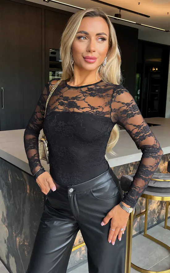 Black Lace Overlay Long Sleeve Bodysuit AX Paris SilkFred
