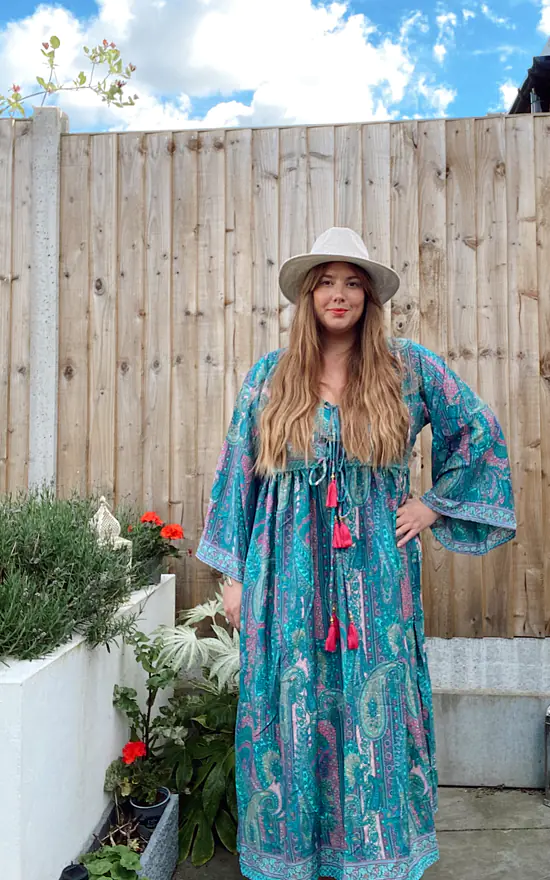 Nova Blue Teal Silk Boho Dress LEONORA GYPSY SilkFred