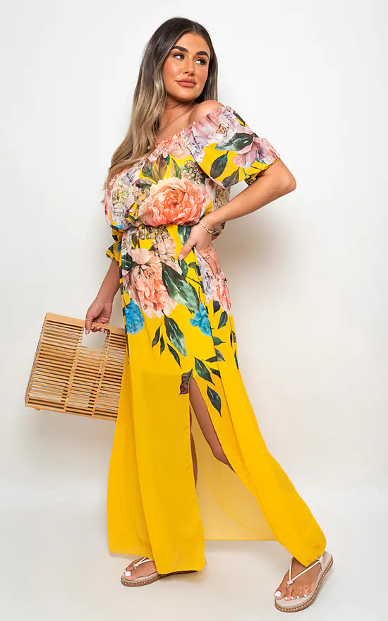 Megan Floral Off Shoulder Maxi Dress with Side Slit Detail in Yellow by IKRUSH