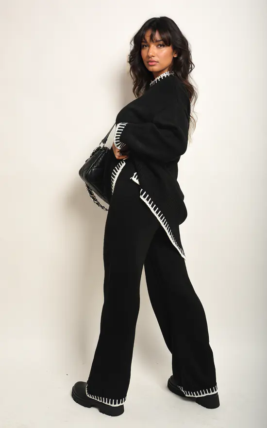 Black Knitted Co-ord Set Blanket Stitch Detail SilkFred US