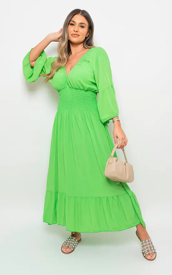 Winona Flounce Sleeve V Neck Maxi Dress In Green SilkFred