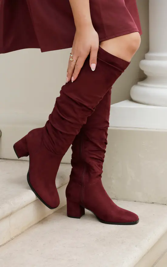 Margot Burgundy Faux Suede Knee High Block Heeled Ruched