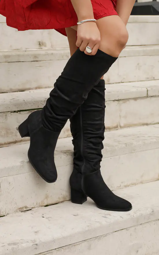 Black Suede Knee-High Block Heel Boots SilkFred - Main Image