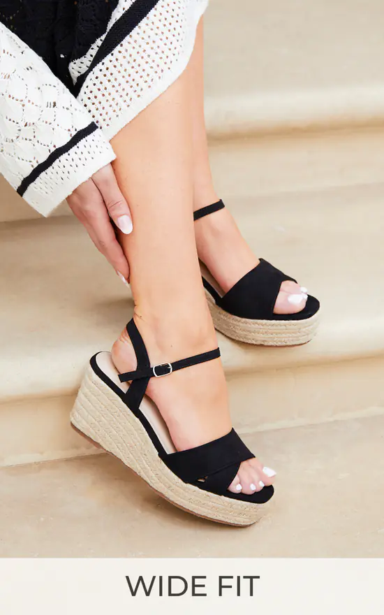 Desert Wide Fit Black Faux Suede Wedges Linzi SilkFred