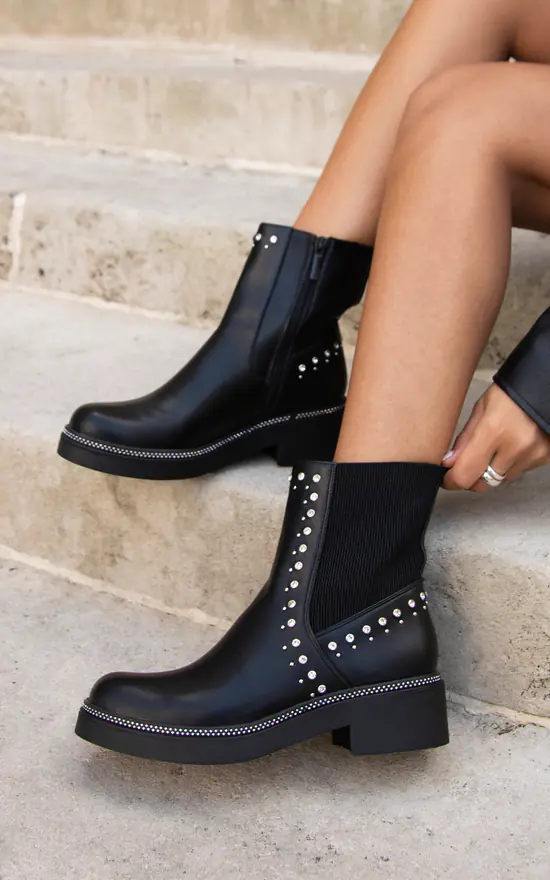 Black Faux Leather Diamante Chelsea Boots SilkFred