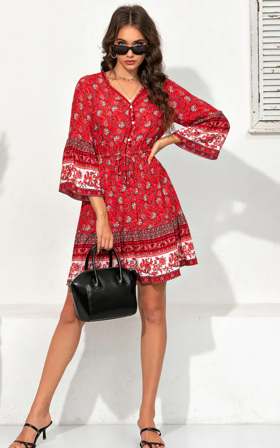 Skater Dress Red Dress With White Flowers Exclusives New Look