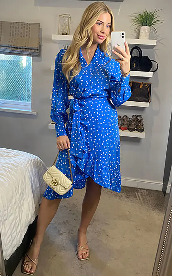 Blue Polka Dot Wrap Over Dress With Frill Hem Cameo Rose