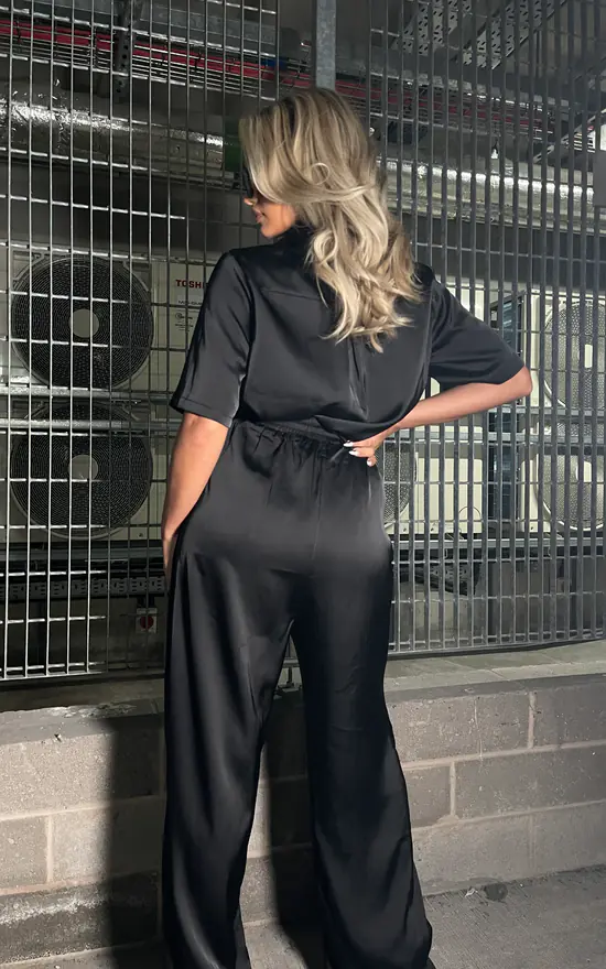 Black Satin Wide Leg High Waisted Troers SilkFred