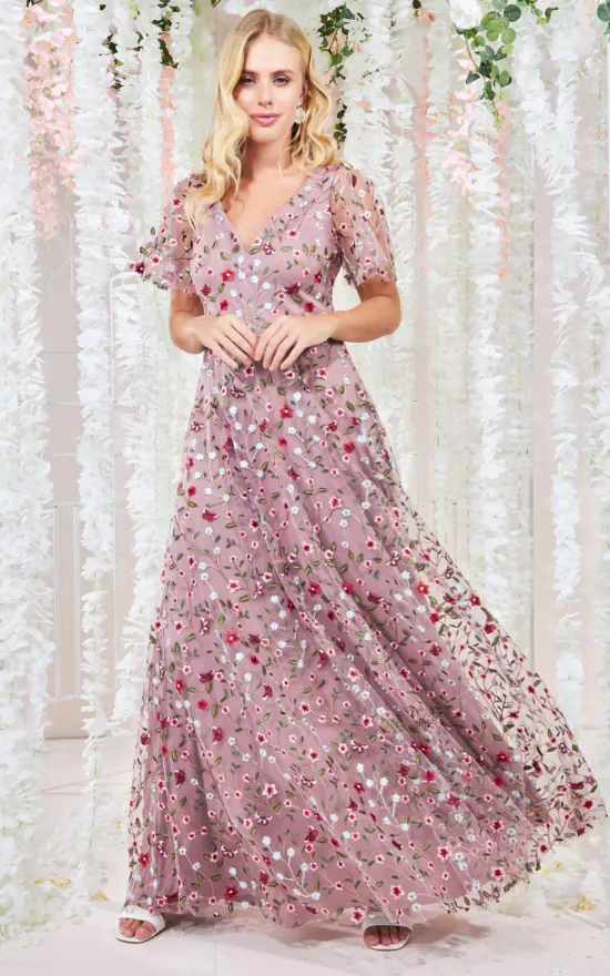 Flutter Sleeve Floral Embroidered Maxi In Rose Pink | Goddiva | SilkFred US Flutter Sleeve Floral Embroidered Maxi In Rose Pink | Goddiva | SilkFred US