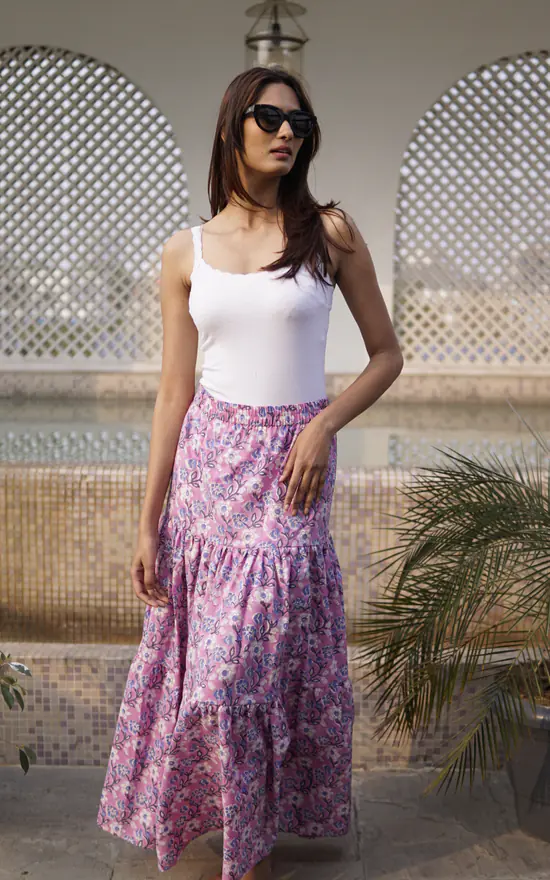 Maxi Skirt, Block Printed Cotton Pink Floral Maxi Skirt La