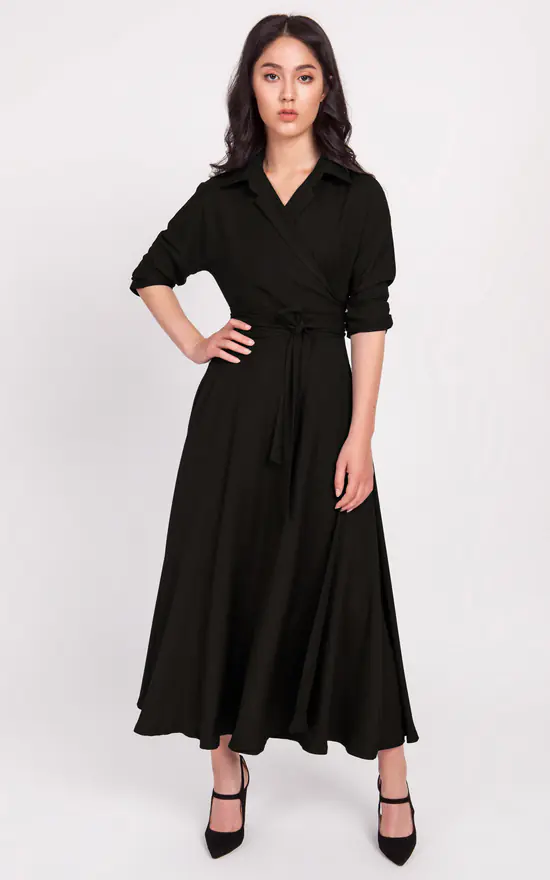 Wrap Flared Maxi Dress In Black Lanti SilkFred